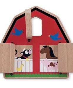 A Peek-a-Boo Barn Baby and Toddler Toy with animals and birds on it.