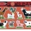 A sound puzzle of farm animals with red background.