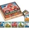 A wooden box with six different pictures of vehicles.