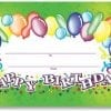 A birthday gift certificate with balloons and confetti.