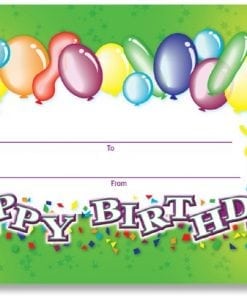 A birthday gift certificate with balloons and confetti.