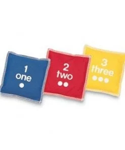 A set of three numbered pillows with the numbers 1, 2 and 3.