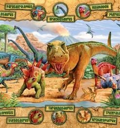 A group of dinosaurs are in the background.