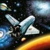 A space shuttle flying through the sky