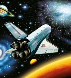 A space shuttle flying through the sky