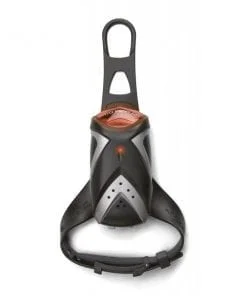 A black and silver harness with an orange strap.