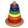A wooden toy with many different colored rings.