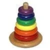 A wooden toy with many different colored rings.