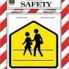 A yellow and white sign with a picture of two people crossing the street.