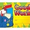 A bag of books and pencils with the words " good work ".