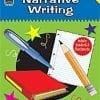 A book cover with writing instruments and books.