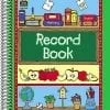 A record book with pictures of apples and school supplies.