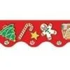 A red border with cookies and candy on it