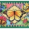 A colorful butterfly and flowers are on the wall.