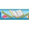 A blue banner with books and the words " fantasy " and " autobiographies ".