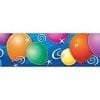 A blue banner with balloons and stars on it.