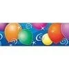 A blue banner with balloons and stars on it.