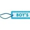 A blue tag with white polka dots on it.