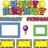 A birthday display with balloons and pictures.