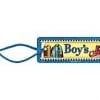A blue and yellow tag with the words " boy 's " on it.