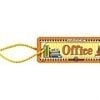 A yellow and orange tag with the word office written on it.