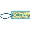 A blue and yellow hall pass with a magnifying glass.