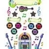 A jukebox with musical notes and guitars on it.