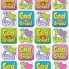 A sheet of stickers with the words god is great on it.
