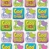 A sheet of stickers with the words god is great on it.