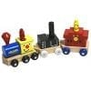 A wooden toy train with blocks and cars.