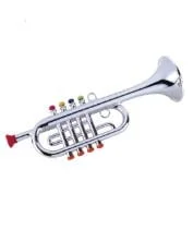 A toy trumpet with five different colored keys.