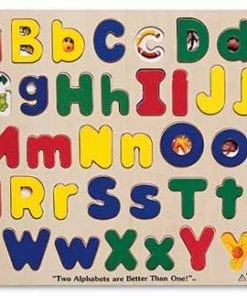 A wooden puzzle with letters and numbers.